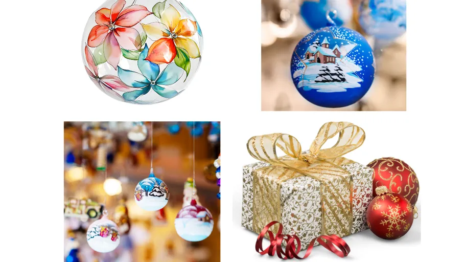 Dekorative Ornamente und Geschenkbox zu Weihnachten.