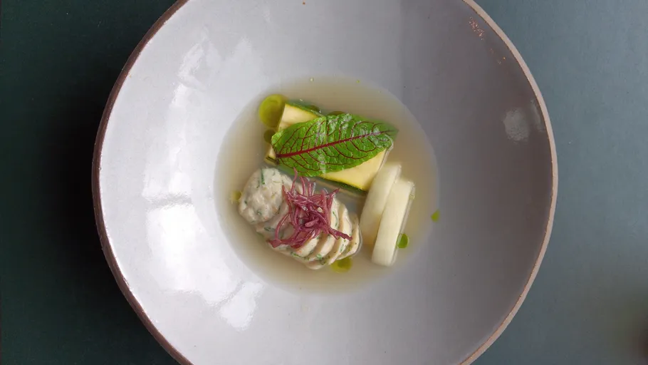 Elegant dish with vegetables in broth on plate.