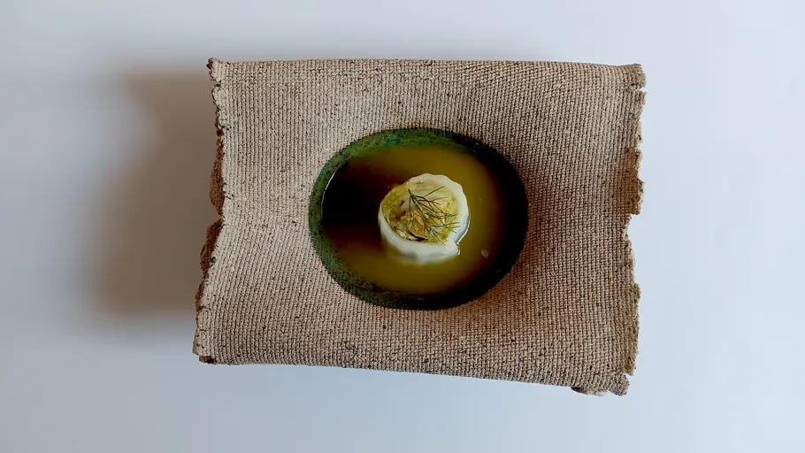 Round dish on rustic burlap cloth.