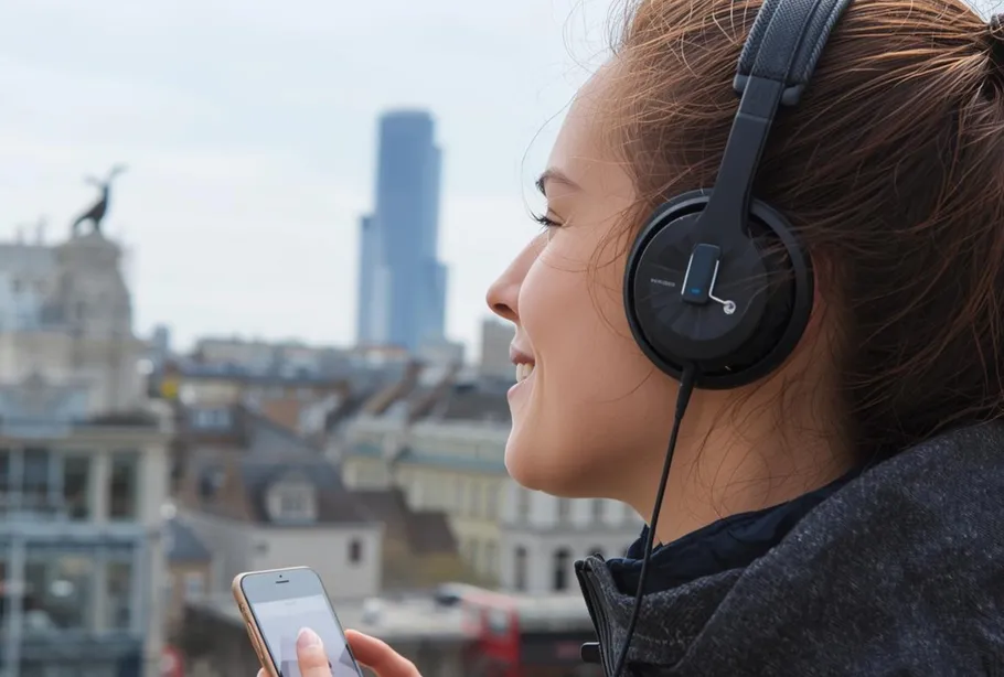 Woman with headphones enjoying city view.