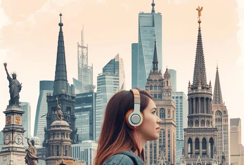 Woman wearing headphones, city skyline collage.