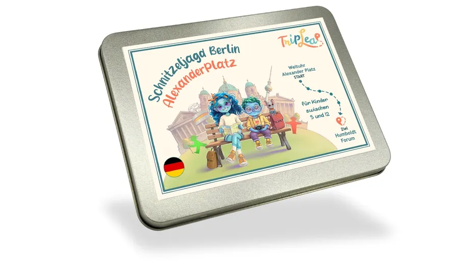 Metallbox mit illustrierten Kindern auf Bank.