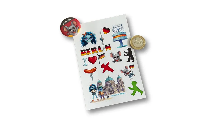 Berlin-themed stickers with coin, pin on white background.