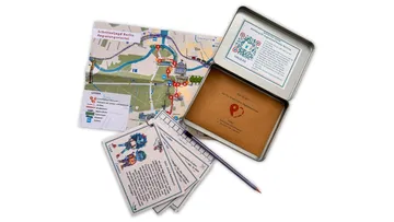 Scavenger hunt map and materials on table.