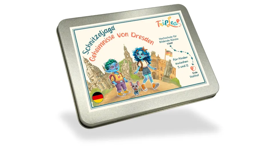 Tin box features cartoon characters, Dresden landmarks.