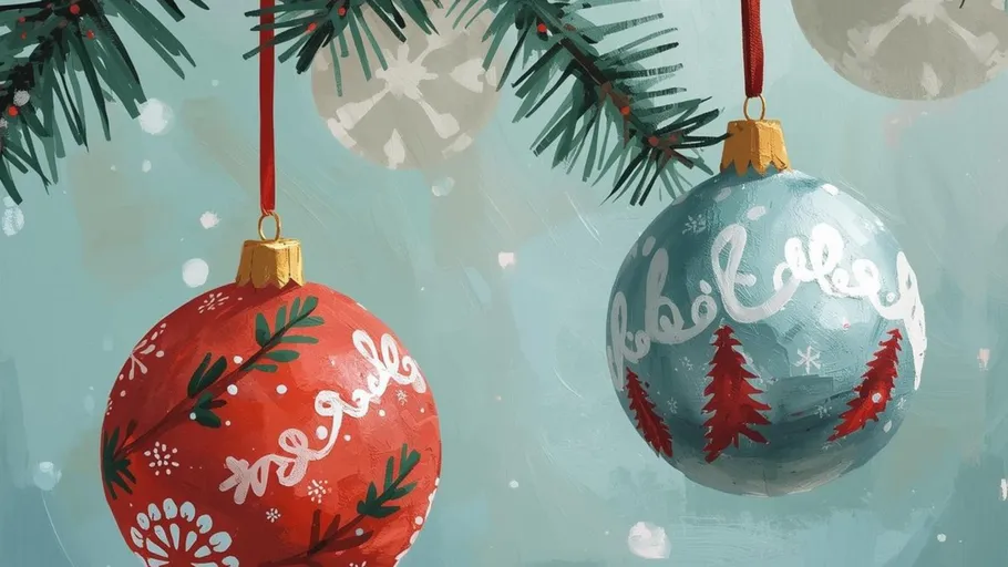 Two decorated Christmas ornaments hanging on tree.