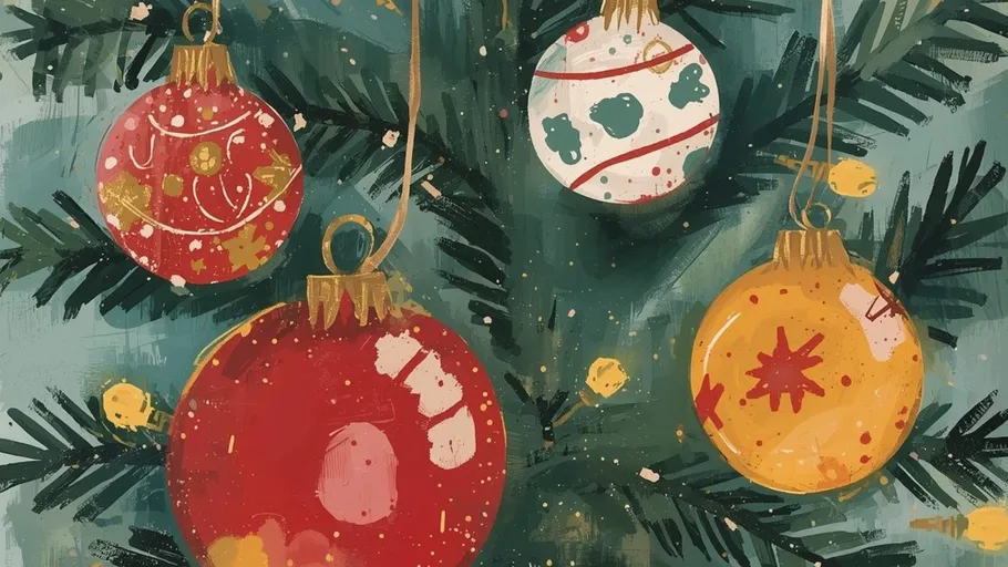 Bunte Ornamente hängen an einem Weihnachtsbaum.