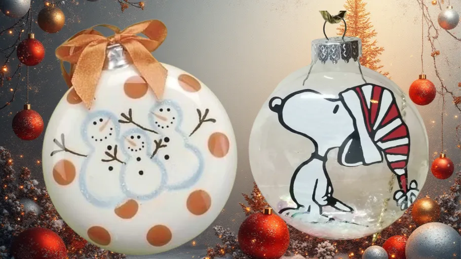 Two Christmas ornaments with snowmen and dog designs.