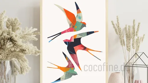 Bunte abstrakte Vögel fliegen im Rahmen.