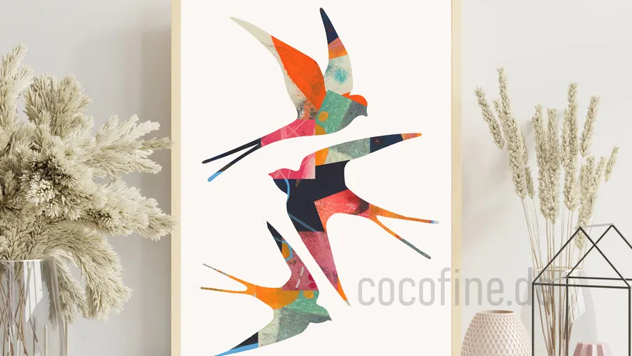 Bunte abstrakte Vögel fliegen im Rahmen.