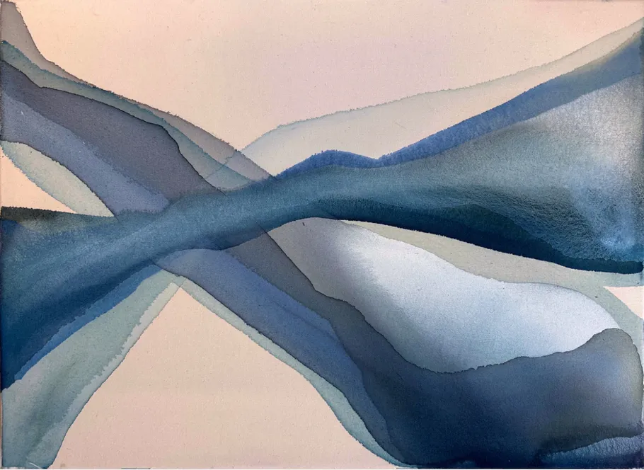 Abstract painting with blue flowing shapes.