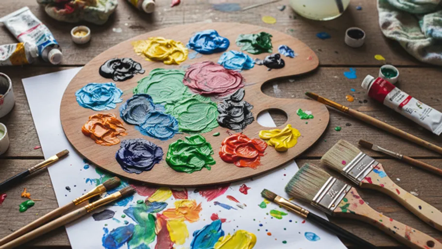 Paint palette with brushes on wooden table.