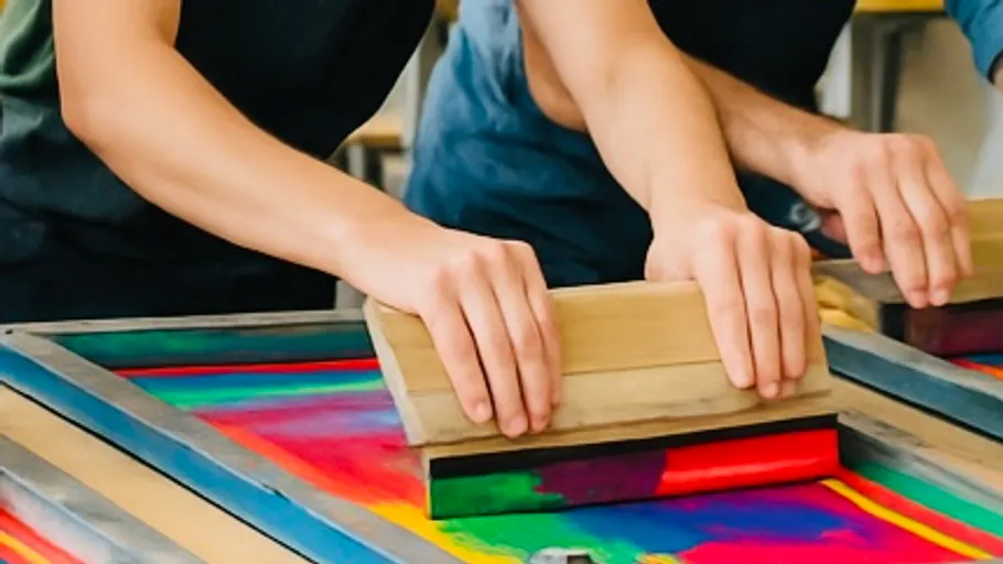 Personen drucken bunte Muster drinnen.