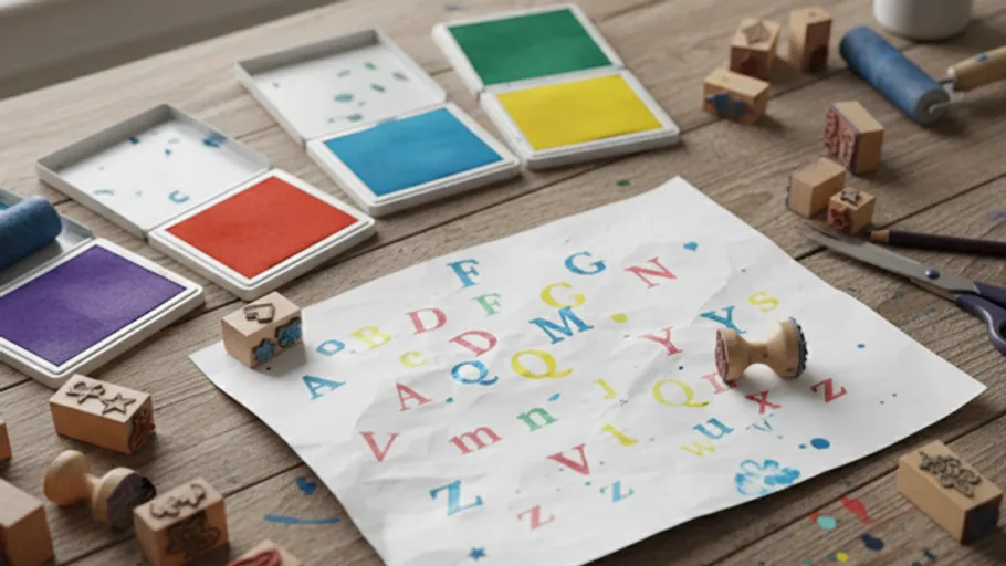 Colorful stamp art on wooden table.