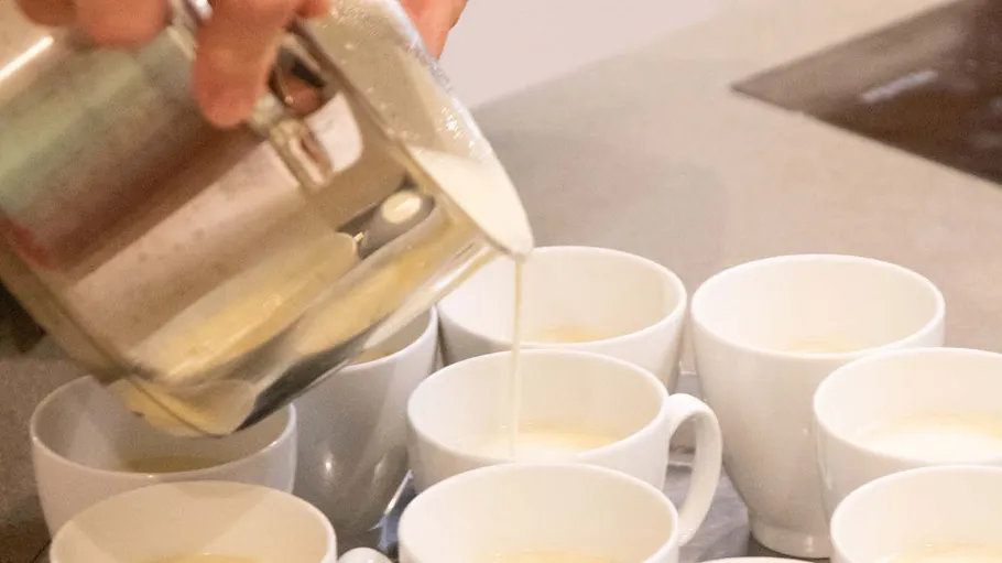 Flüssigkeit in weiße Kaffeetassen gießen.