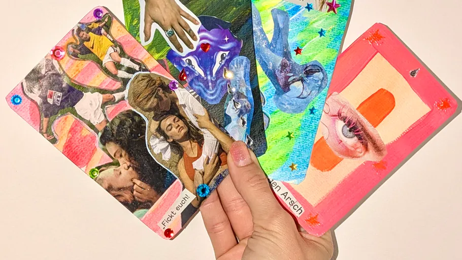 Colorful hand-held collage cards with text.