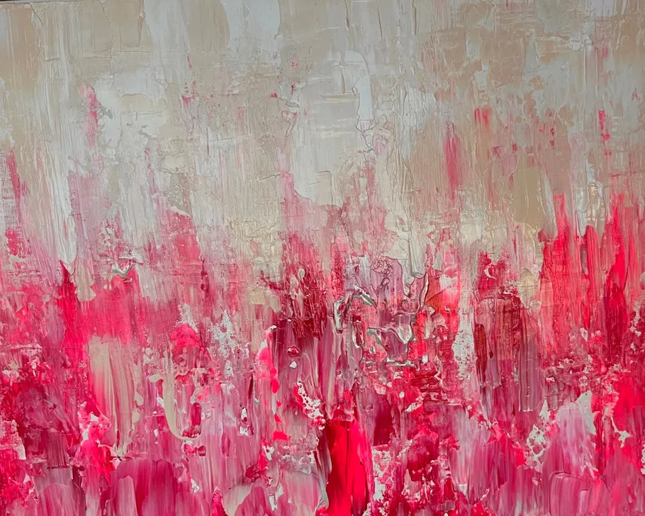 Abstract painting with red and beige textures.