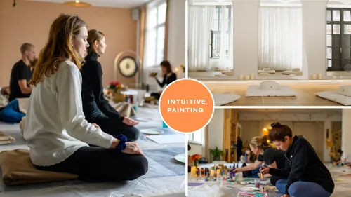 People meditating, painting, and studio environment.