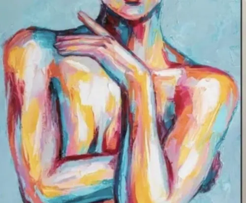 Farbintensives abstraktes Gemälde eines menschlichen Torsos.