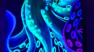 Neon-Oktopus-Kunst mit leuchtenden Tentakeln.