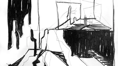 Abstract sketch with dark lines and shapes.