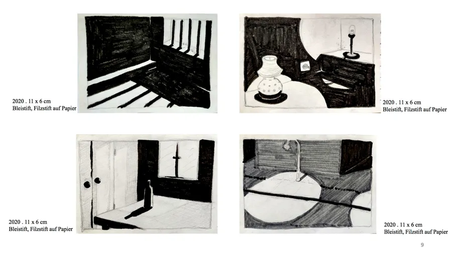 Four black and white sketches in a grid.