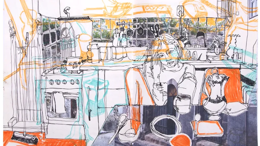 Sketch of woman sitting in a kitchen.