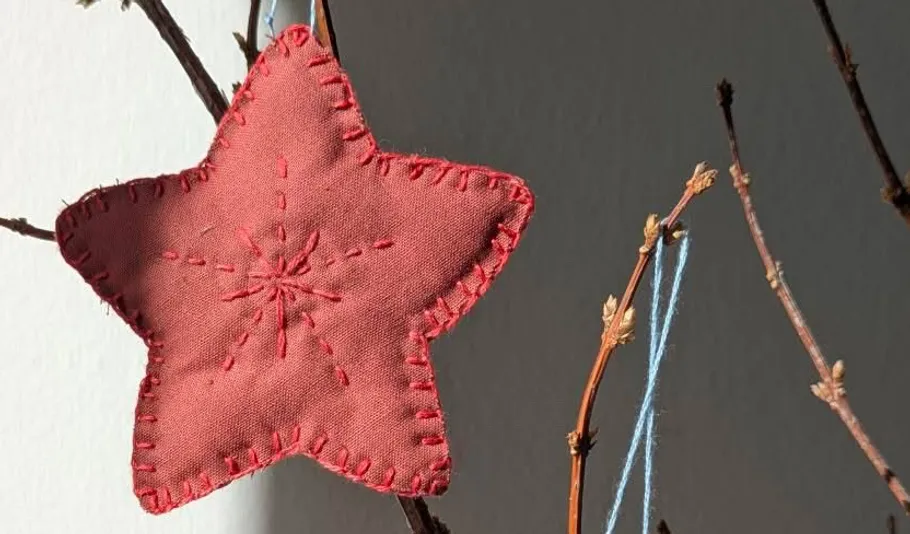 Red fabric star hanging on bare branch.