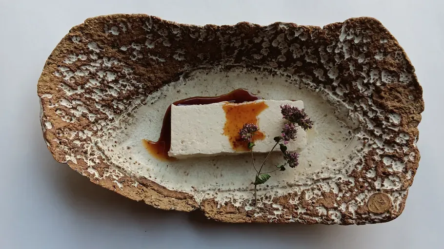 Tofu block on textured plate with garnish.