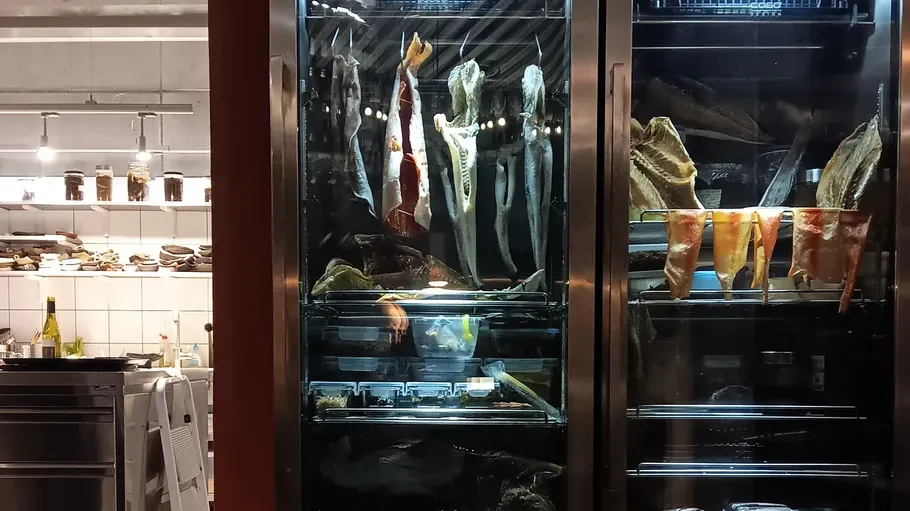 Fish hanging in a large display fridge.