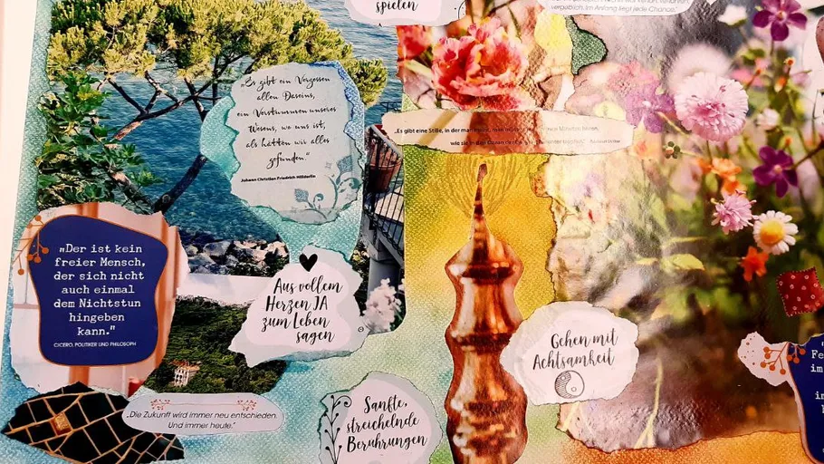 Collage of quotes, nature images, and flowers.