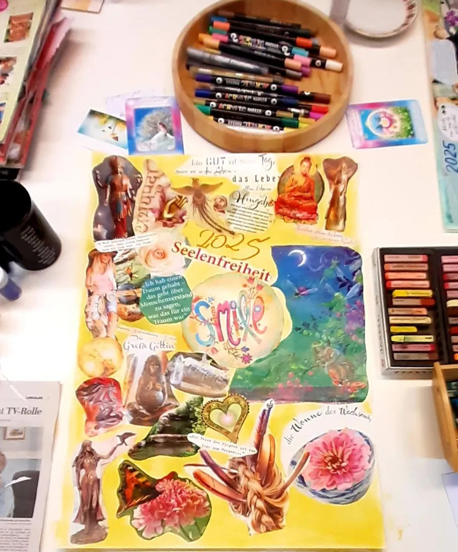 Colorful collage with art supplies on a table.