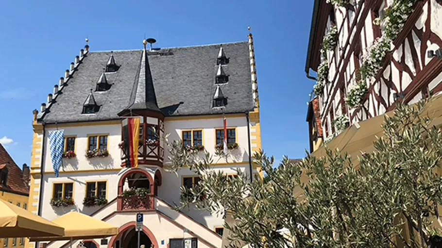 Historisches Rathaus mit Fahnen und Pflanzen.