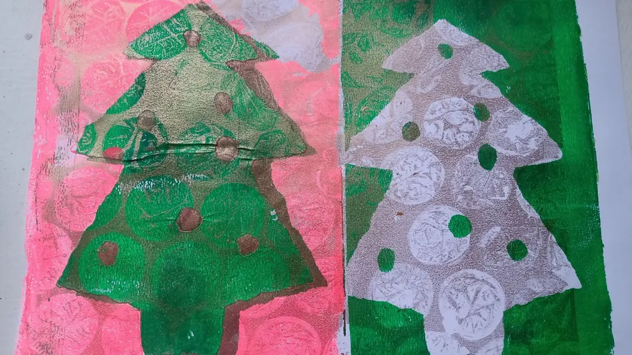 Two abstract tree prints in green and pink.