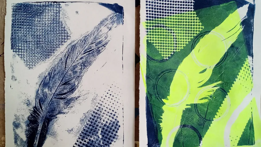 Two abstract prints featuring feathers and patterns.