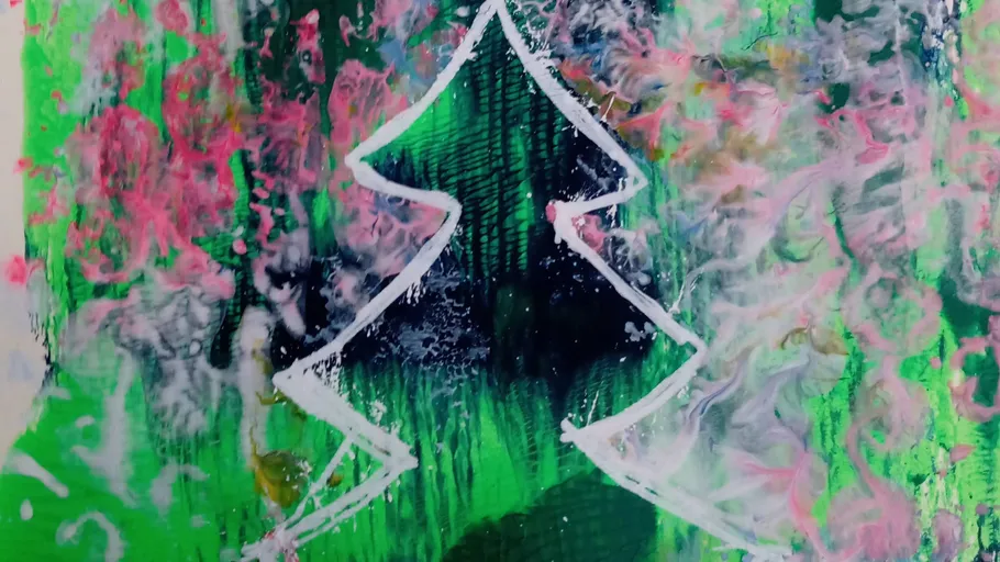 Abstract colorful painting with tree outline.