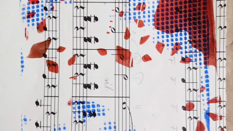 Musical notes overlaid with red and blue patterns.