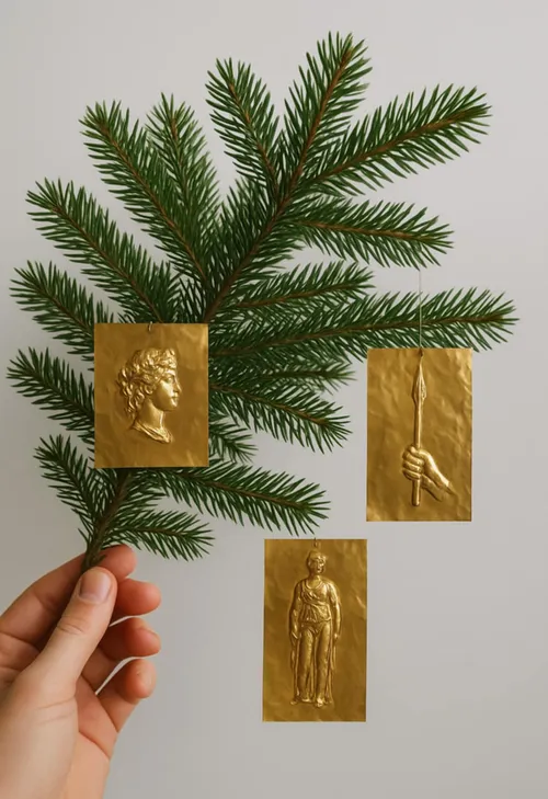 Gold ornaments on fir branch, hand holding.