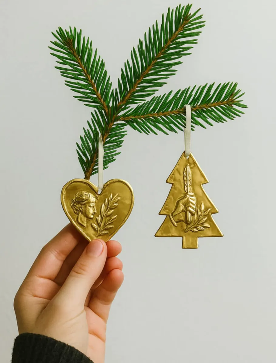 Hand holding gold ornaments on pine branch.