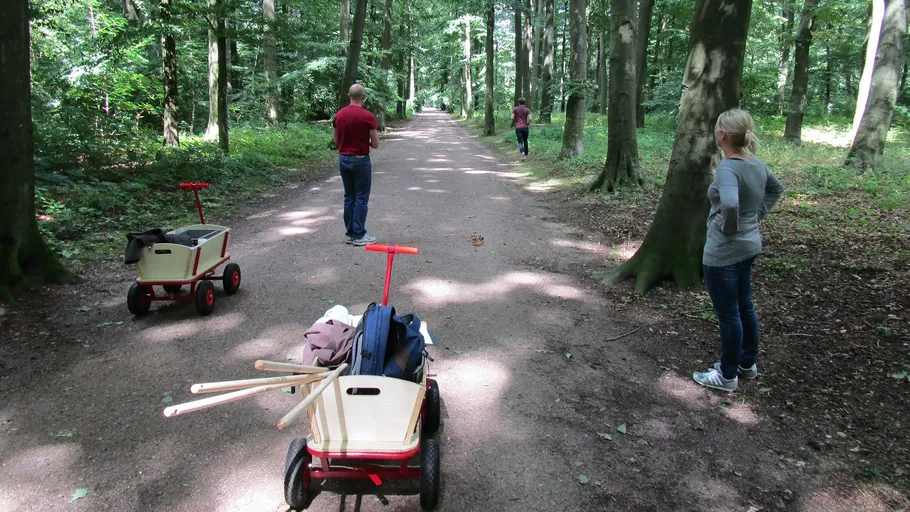 Menschen auf Waldweg mit Bollerwagen.
