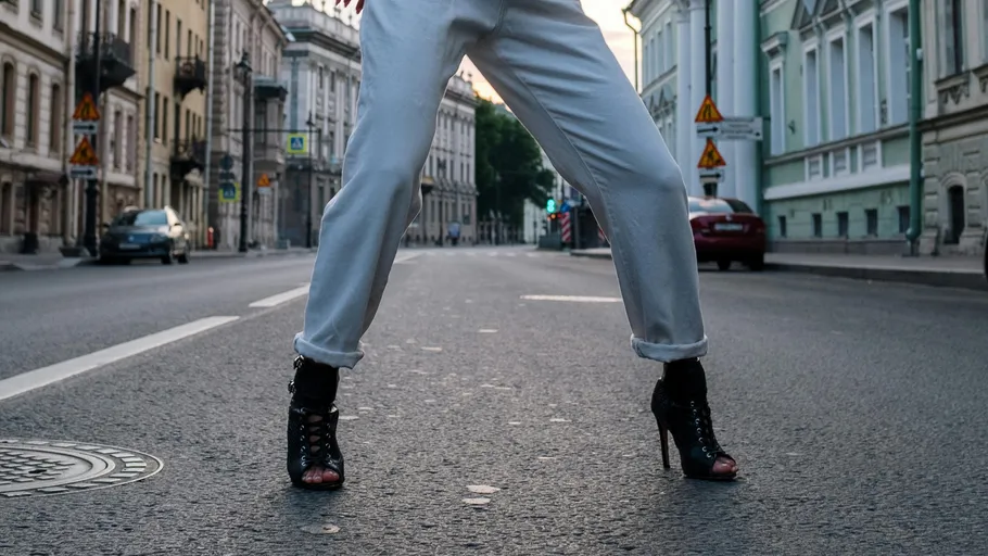 Legs in white pants, heeled shoes, street background.