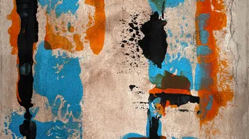 Abstract painting with blue, orange, black patterns.
