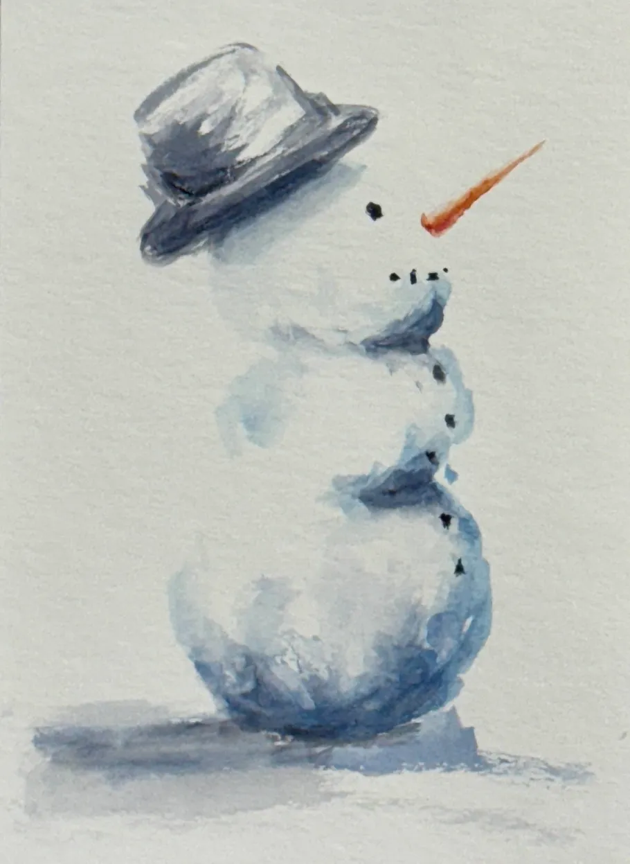 Snowman with hat and carrot nose, snowy background.