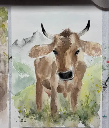 Watercolor cow standing in mountain scenery.