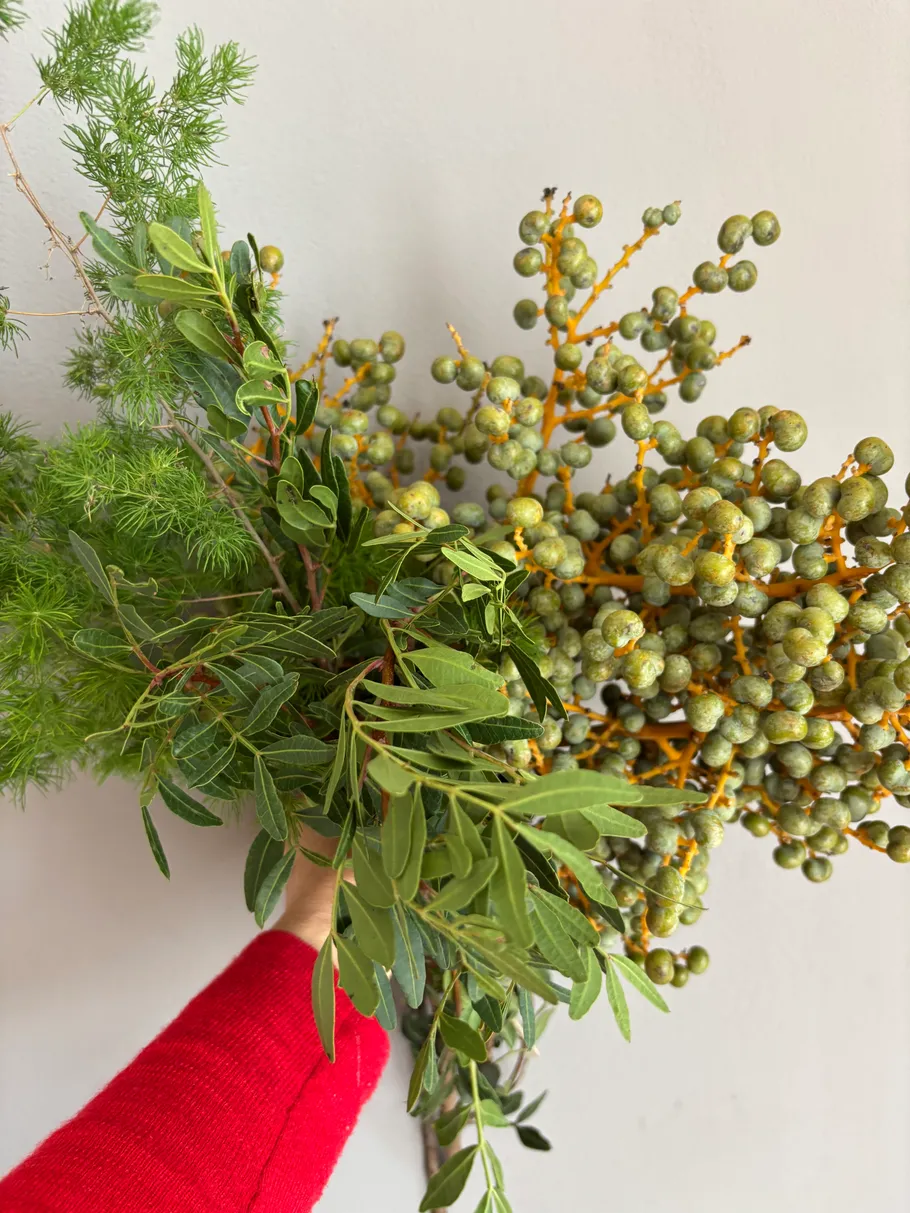 Hand holding a bundle of green foliage.