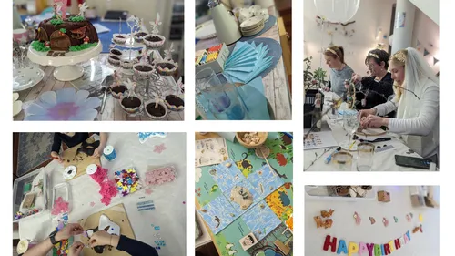 Collage of birthday party and crafts.