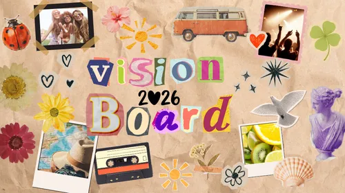 Colorful vision board with various inspirational images.
