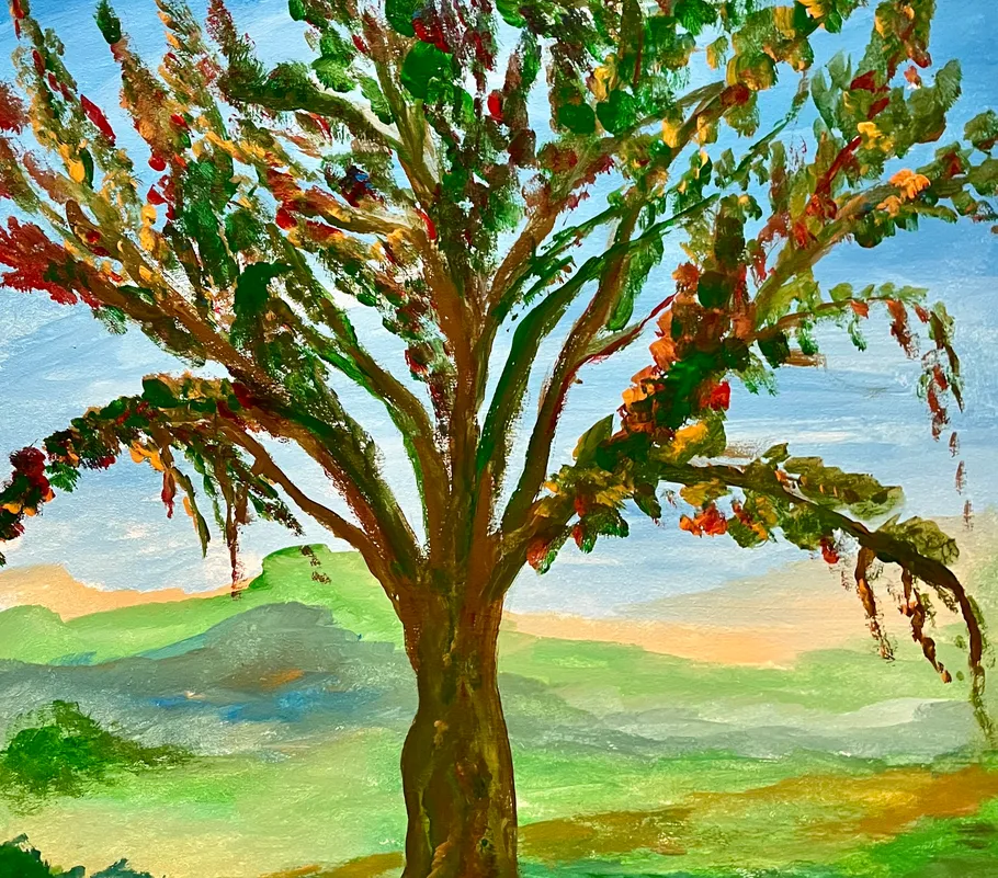 Colorful tree painting with scenic background.