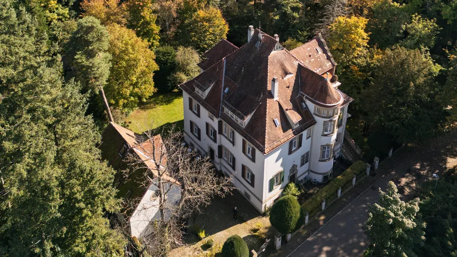 Historisches Herrenhaus von Bäumen umgeben.
