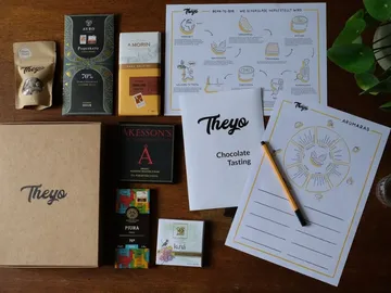 Chocolate tasting kit with tables and chocolates on wood.